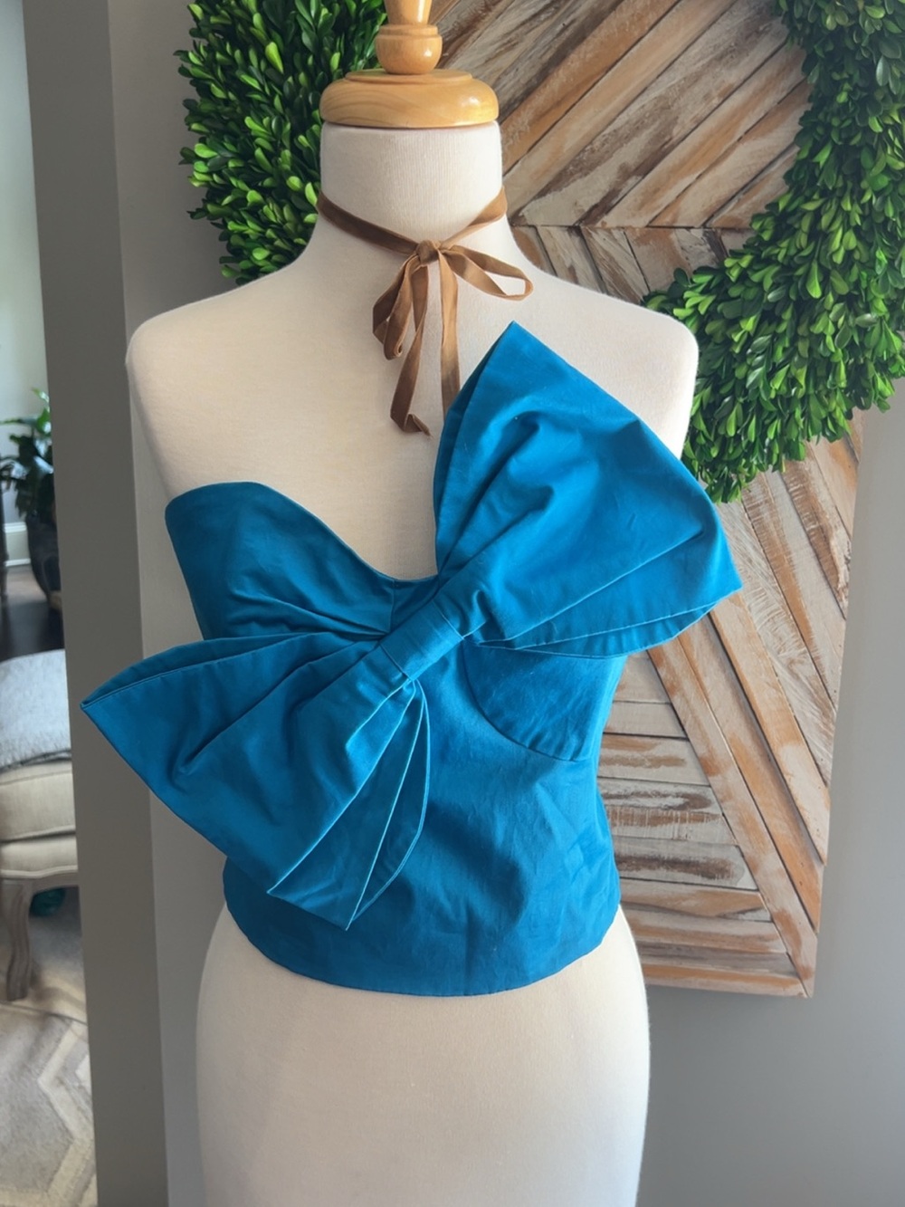 Anthropologie Teal Strapless Bow Crop Top
